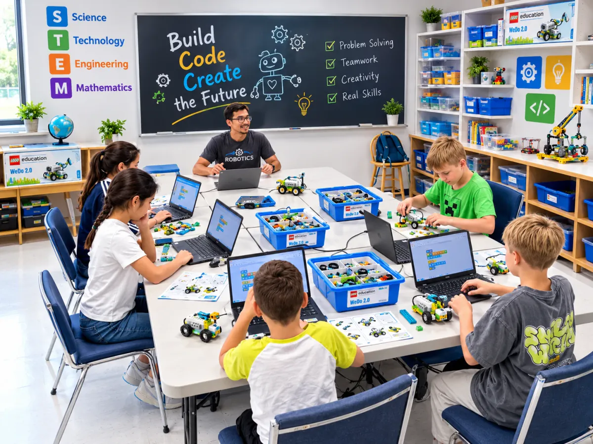 Kids building and coding LEGO Education WeDo 2.0 robots in a Beyond STEM class